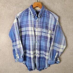 American Blue Shirt Mens Large Blue Plaid Button Down Cotton Flannel Long Sleeve